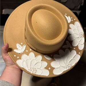 Tan Hat with White Floral Design